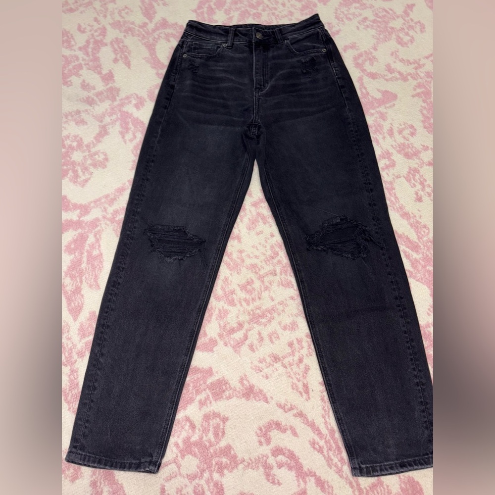 American Eagle Outfitters Mom Straight Leg High Rise Black Distressed Jeans